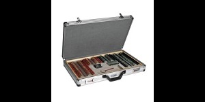 Boite d'essai avec 268 verres de mesure avec cerclage en métal